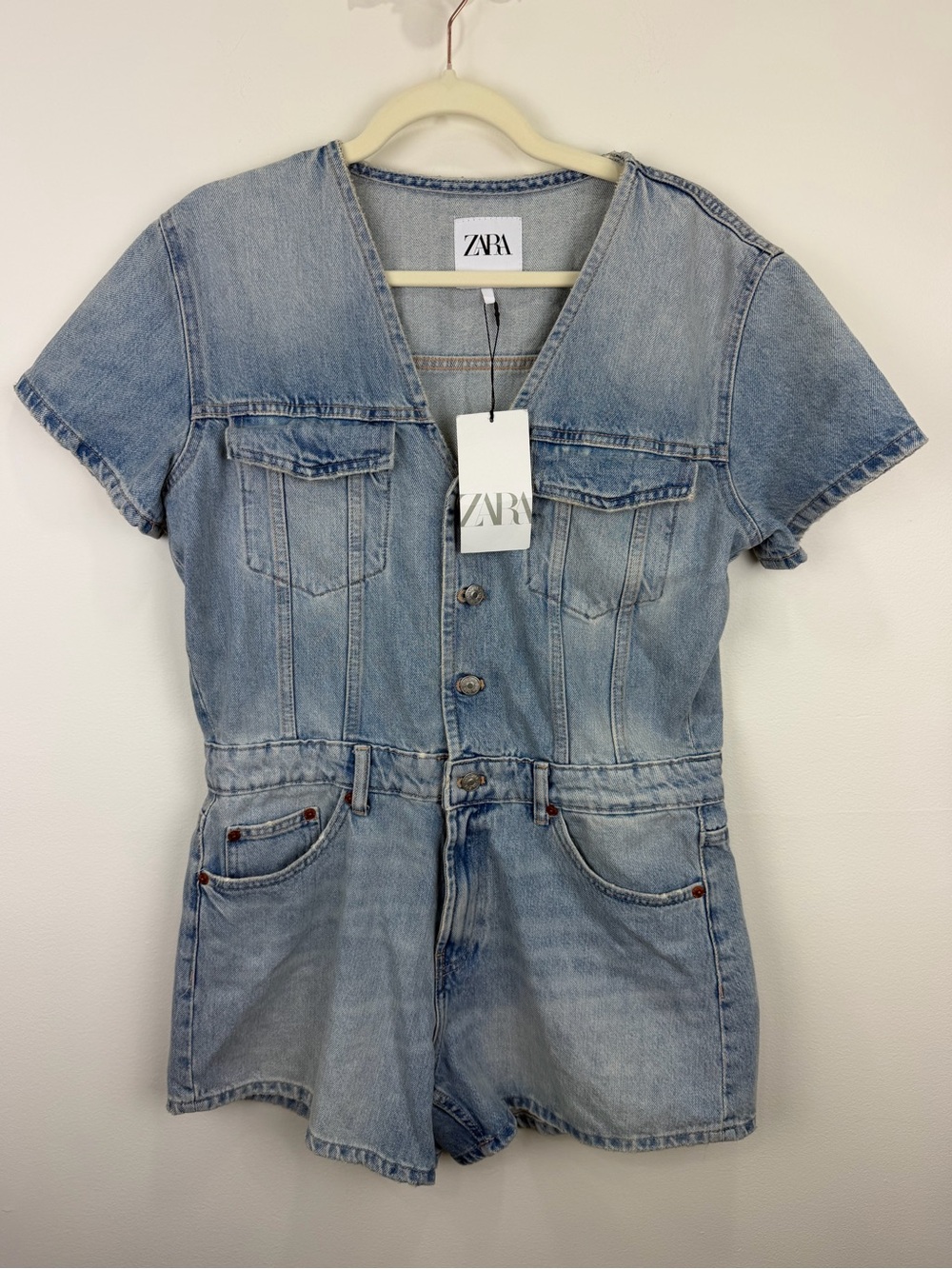 Zara NWT Light Wash Denim Short Sleeve Romper Jumpsuit Size L Y2K